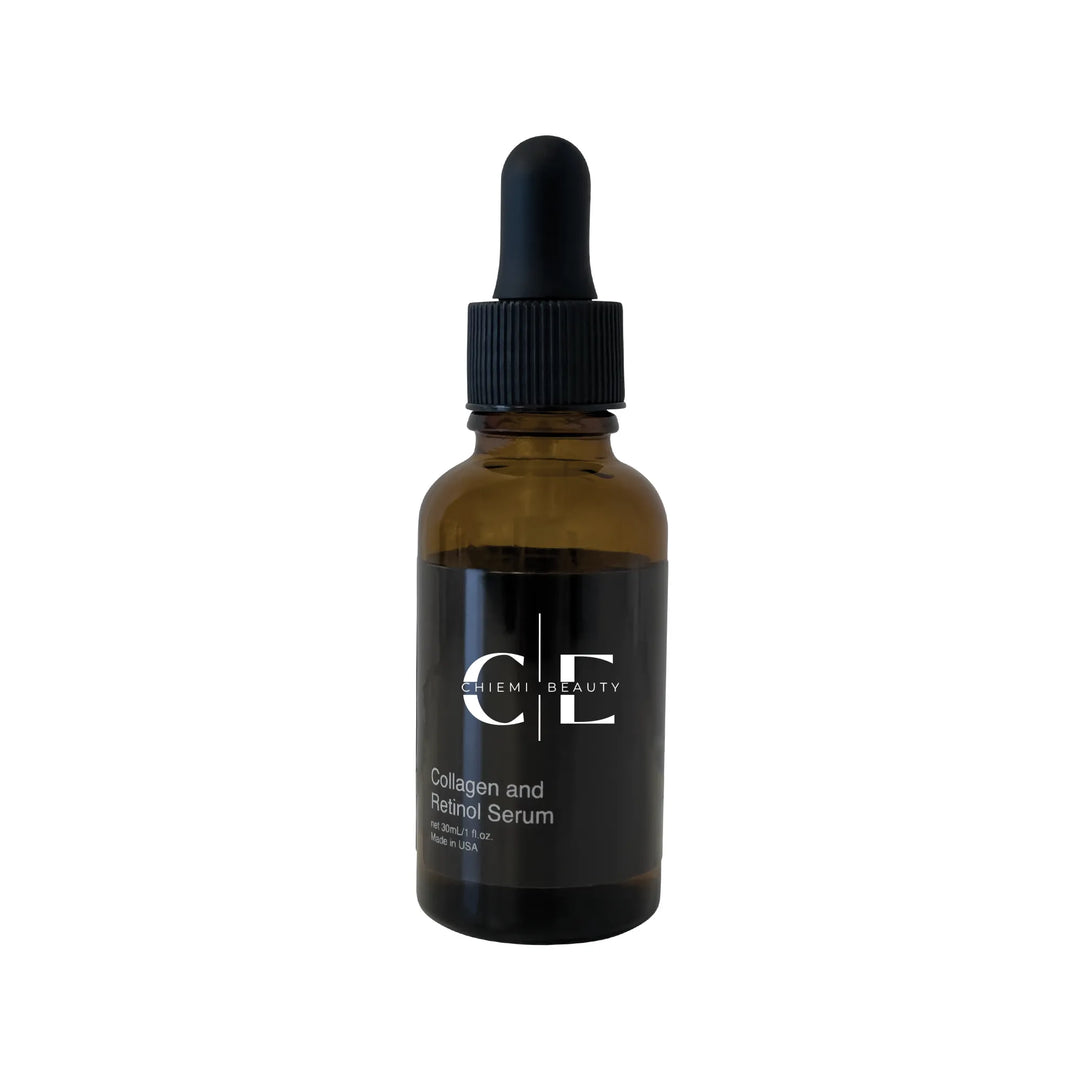 ChiEmi Skincare presents the Forever Young Collagen & Retinol Serum, your ultimate secret to youthful-looking skin. Collagen improves skin elasticity, while retinol stimulates natural collagen production and cell renewal. Deeply moisturizing hyaluronic acid and antioxidant-rich soybean oil heal and rejuvenate your skin.